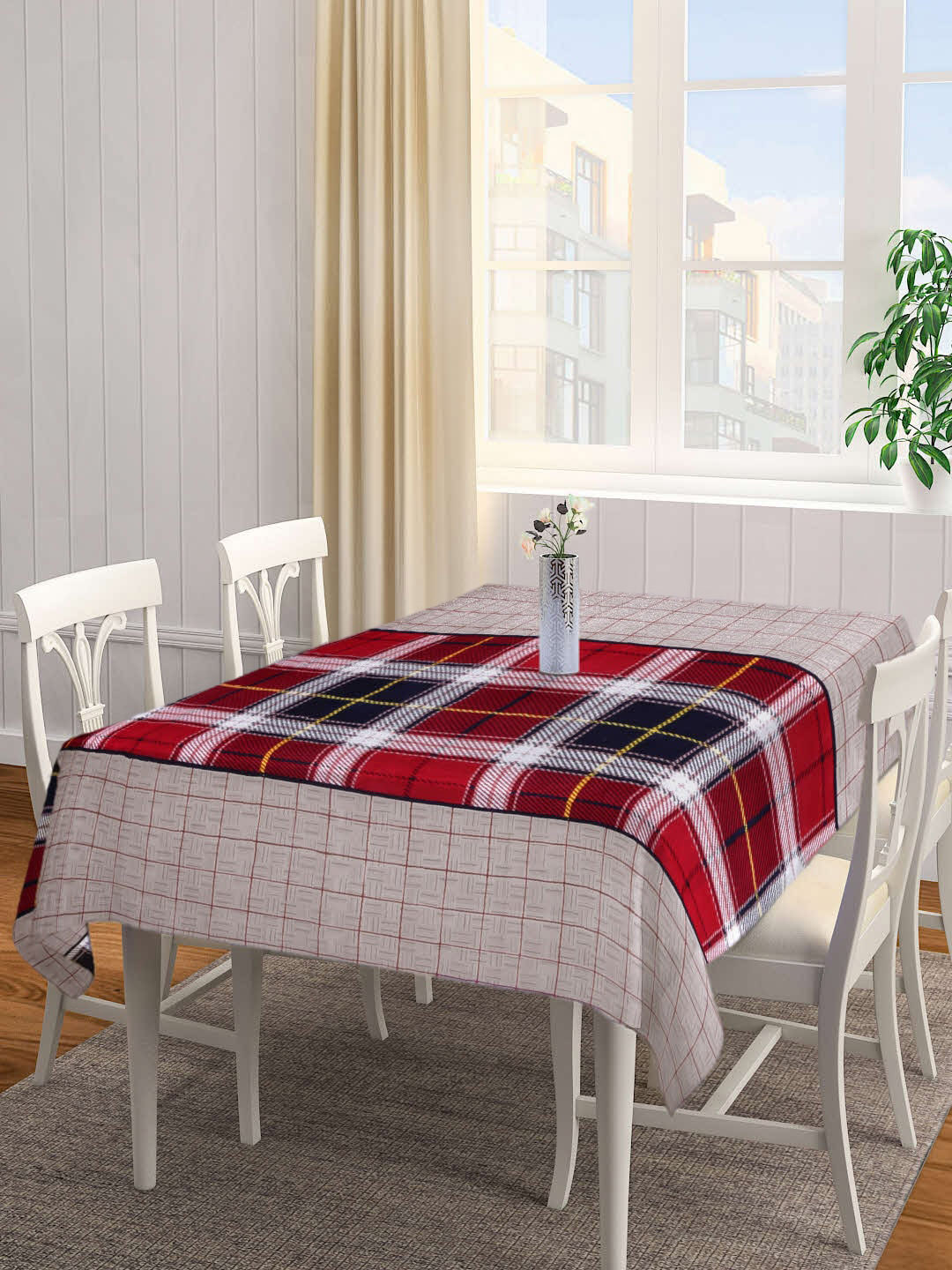 Arrabi Grey 6 Seater Checked Cotton Blend Table Cover