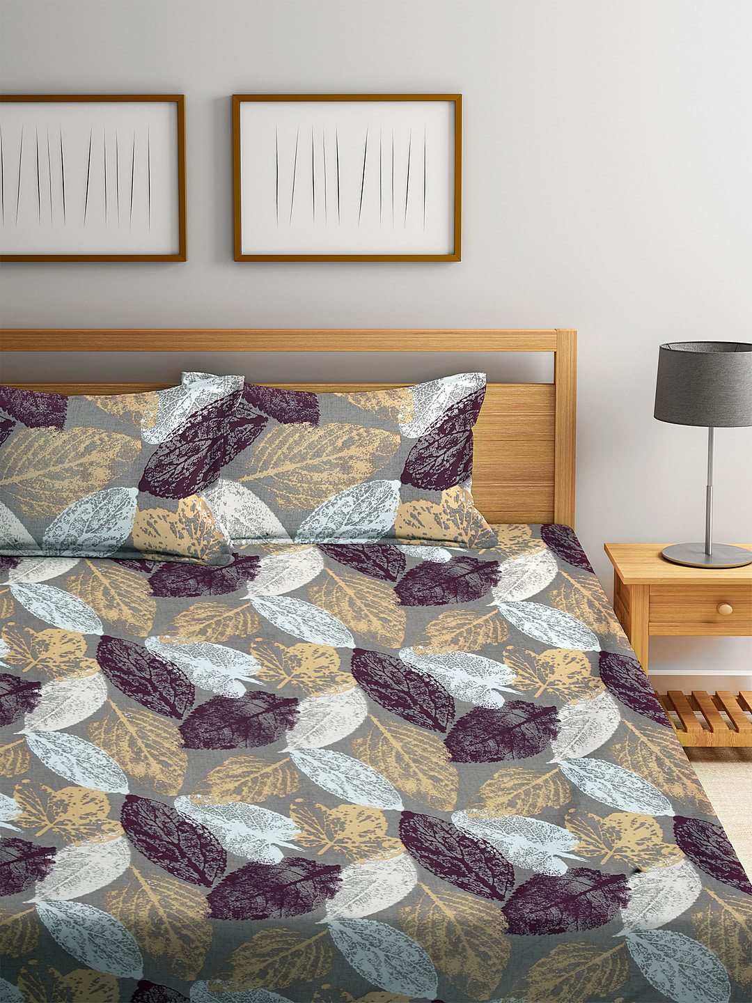 Arrabi Grey Leaf Cotton 300 TC Fitted King Fine Bedsheet with 2 Pillow Covers-250 x 220 cm