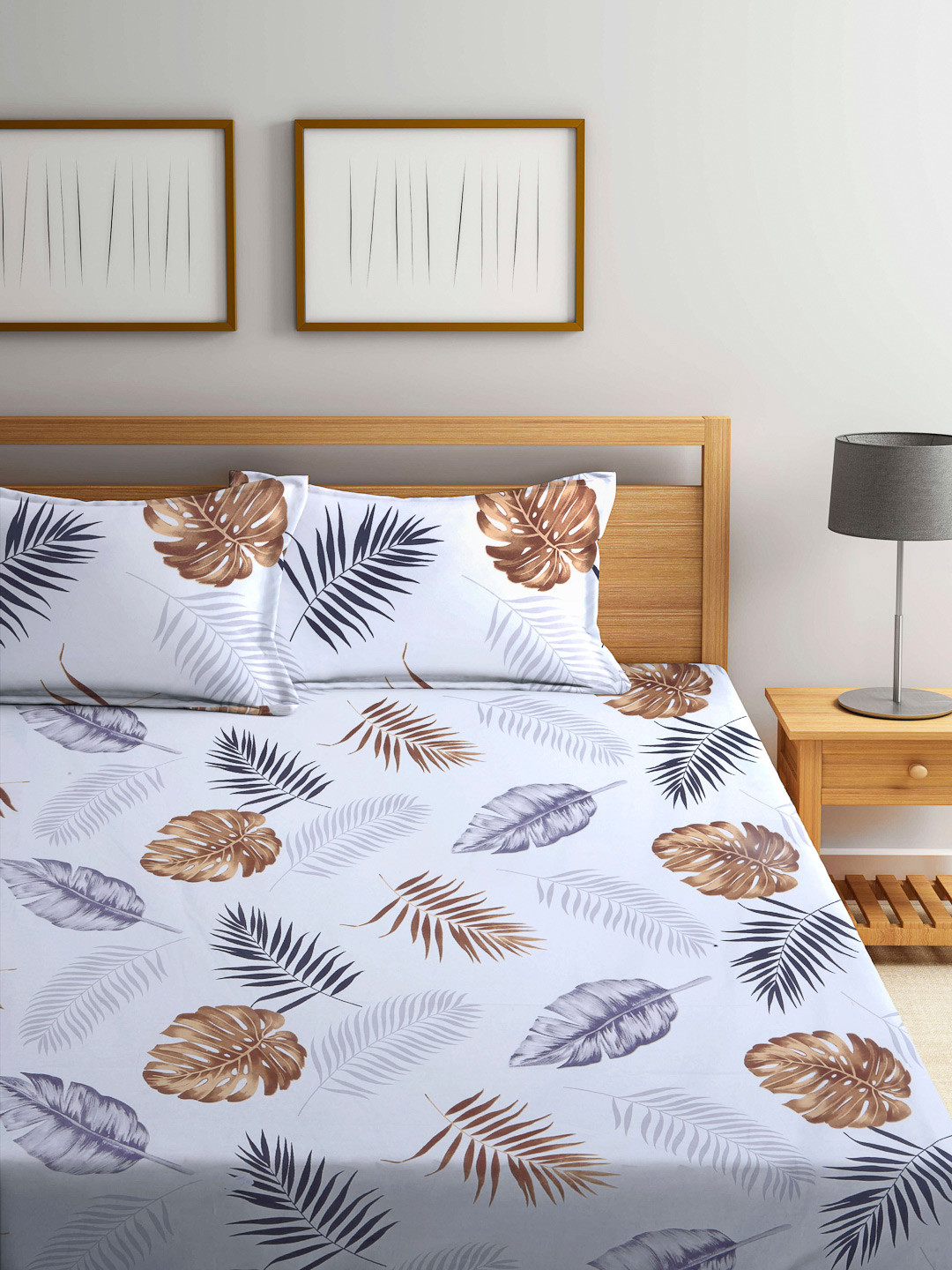 Arrabi White Leaf Cotton 300 TC Fitted King Fine Bedsheet with 2 Pillow Covers-260 x 260cm