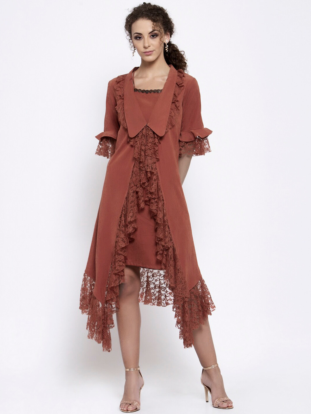 LELA Women Rust Suede Lightweight Longline Open Front Jacket with Embroidered