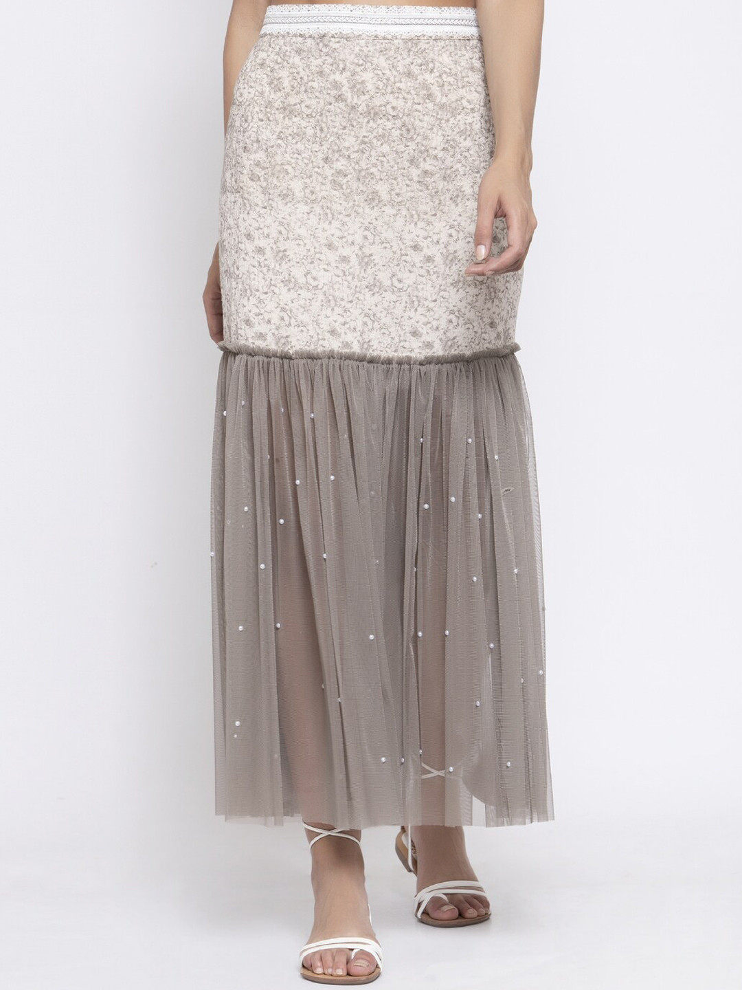 LELA Women Beige Printed Net Skirt