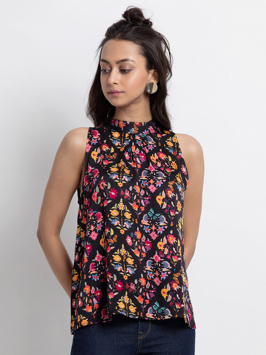 SHAYE Black Floral Halter Neck Regular Top