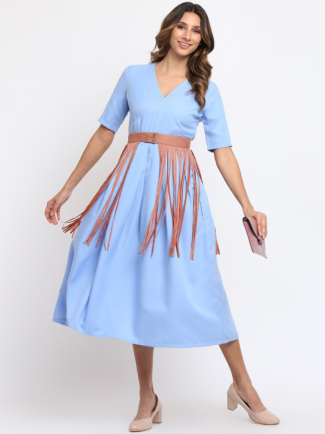 am ma Blue Midi Dress With Fringed Belt