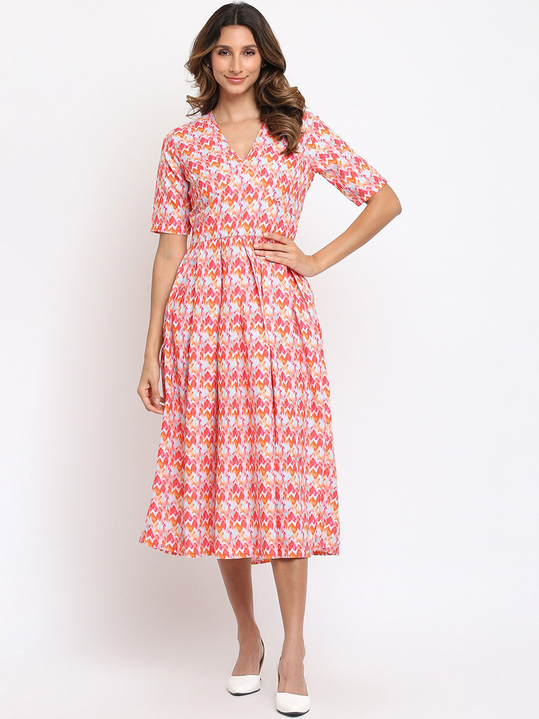 am ma Orange & Pink Pleated Midi Dress