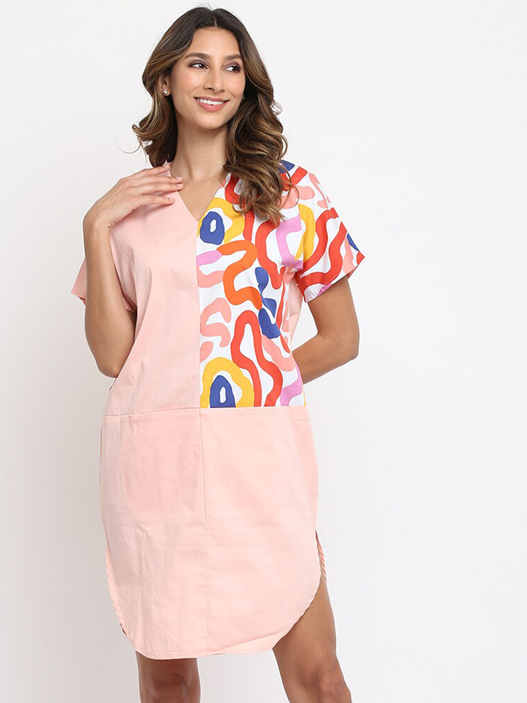am ma Peach-Coloured Abstract Printed A-Line Dress