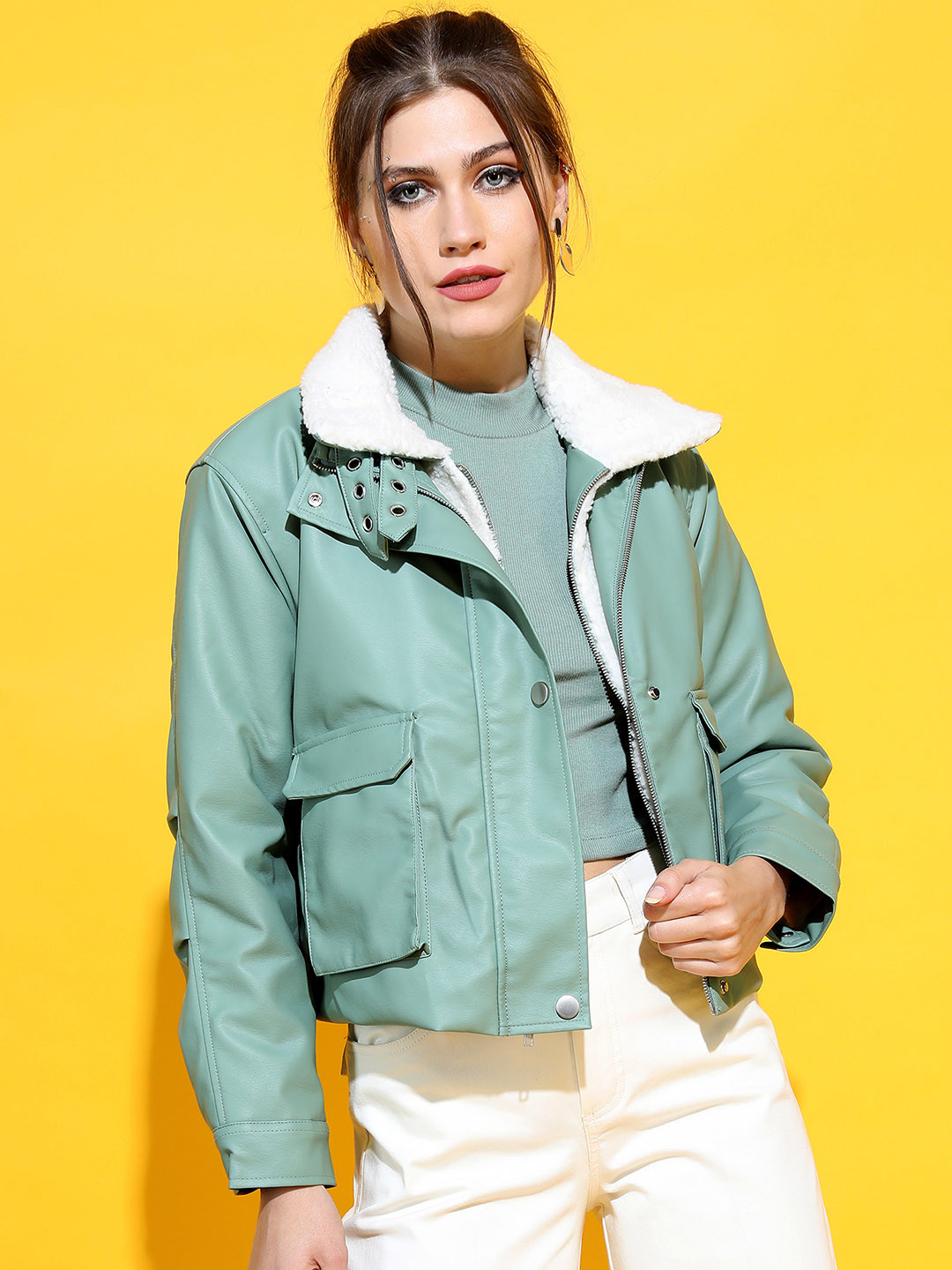 Tokyo Talkies Women Olive Green Crop Tailored Jacket