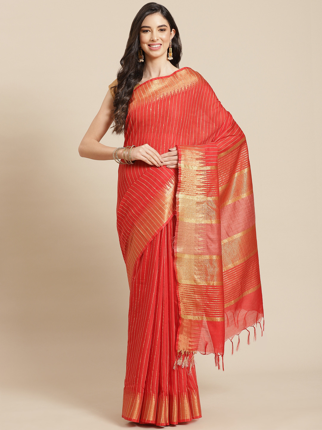 swatika Coral Red & Golden Striped Zari Silk Blend Bhagalpuri Saree
