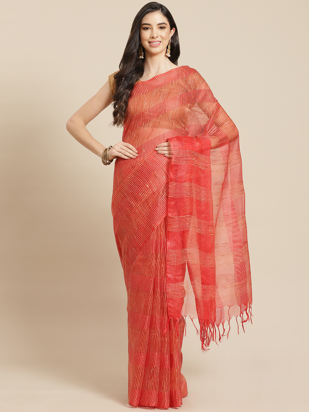 swatika Red & Golden Striped Zari Silk Blend Bhagalpuri Saree