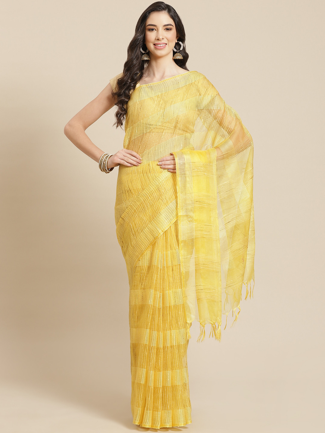 swatika Yellow & Golden Self Striped Bhagalpuri Saree