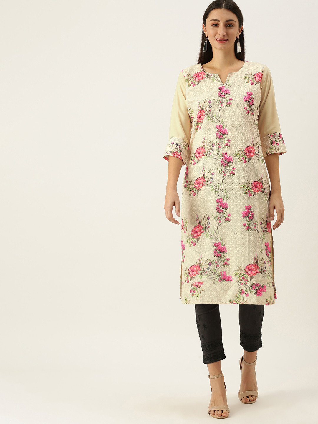 SWAGG INDIA Women Off White Ethnic Motifs Embroidered Chikankari White Romance Rayon Kurta
