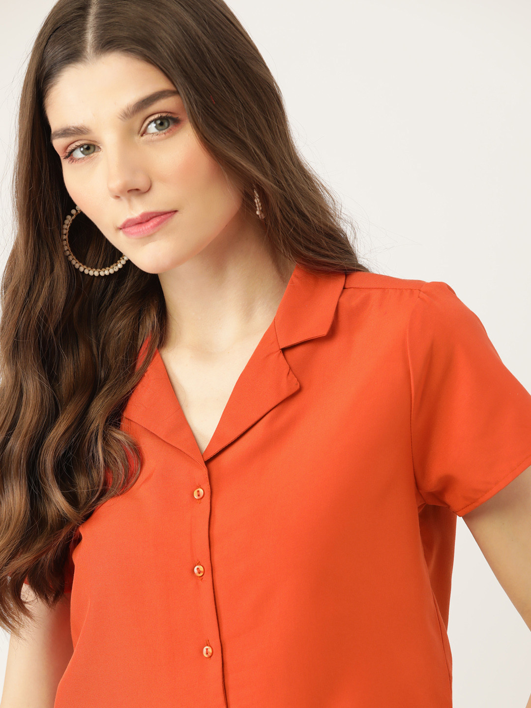 DressBerry Women Rust Orange Solid Casual Crop Shirt