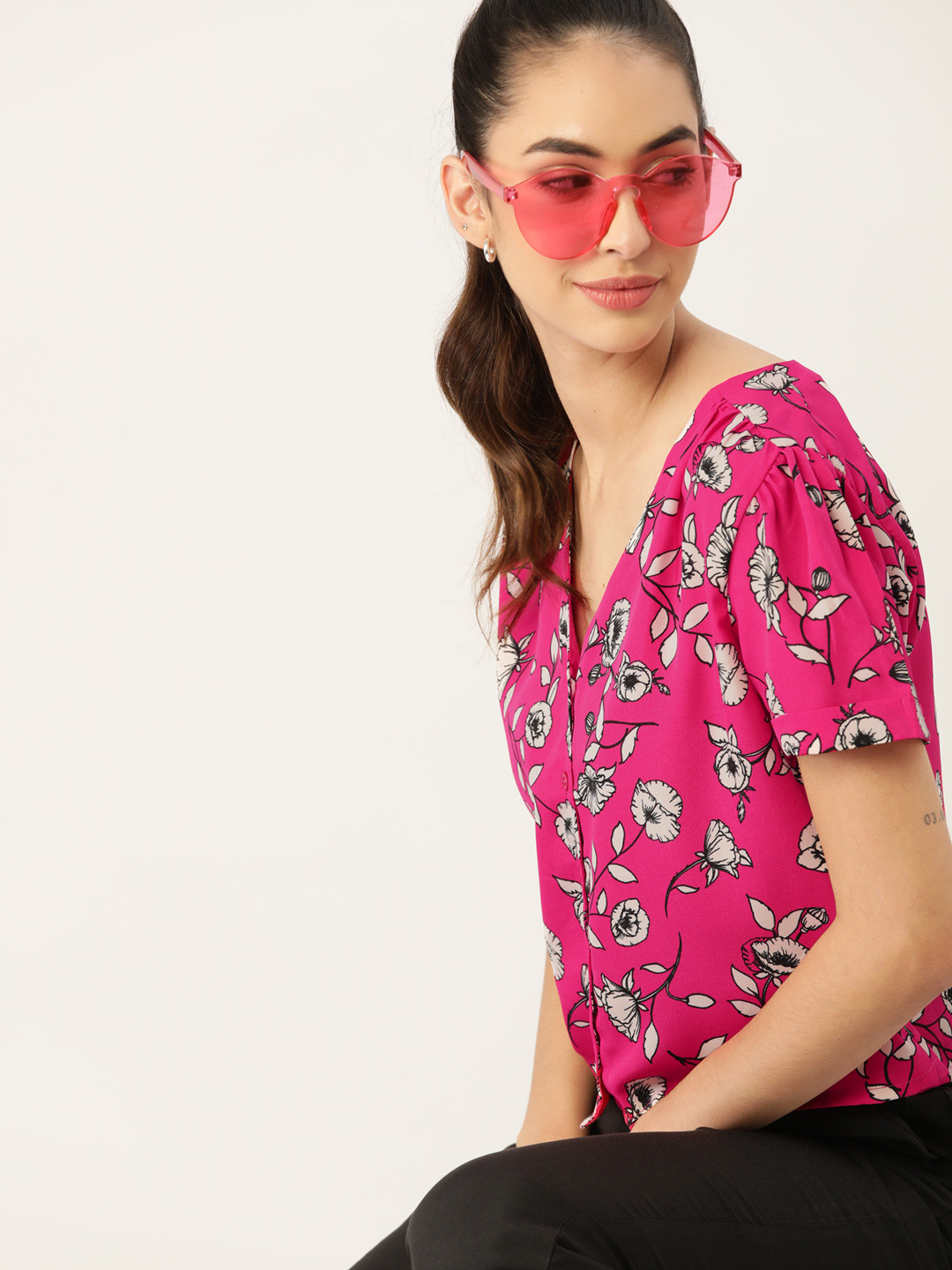 DressBerry Women Pink & White Floral Print Shirt Style Top