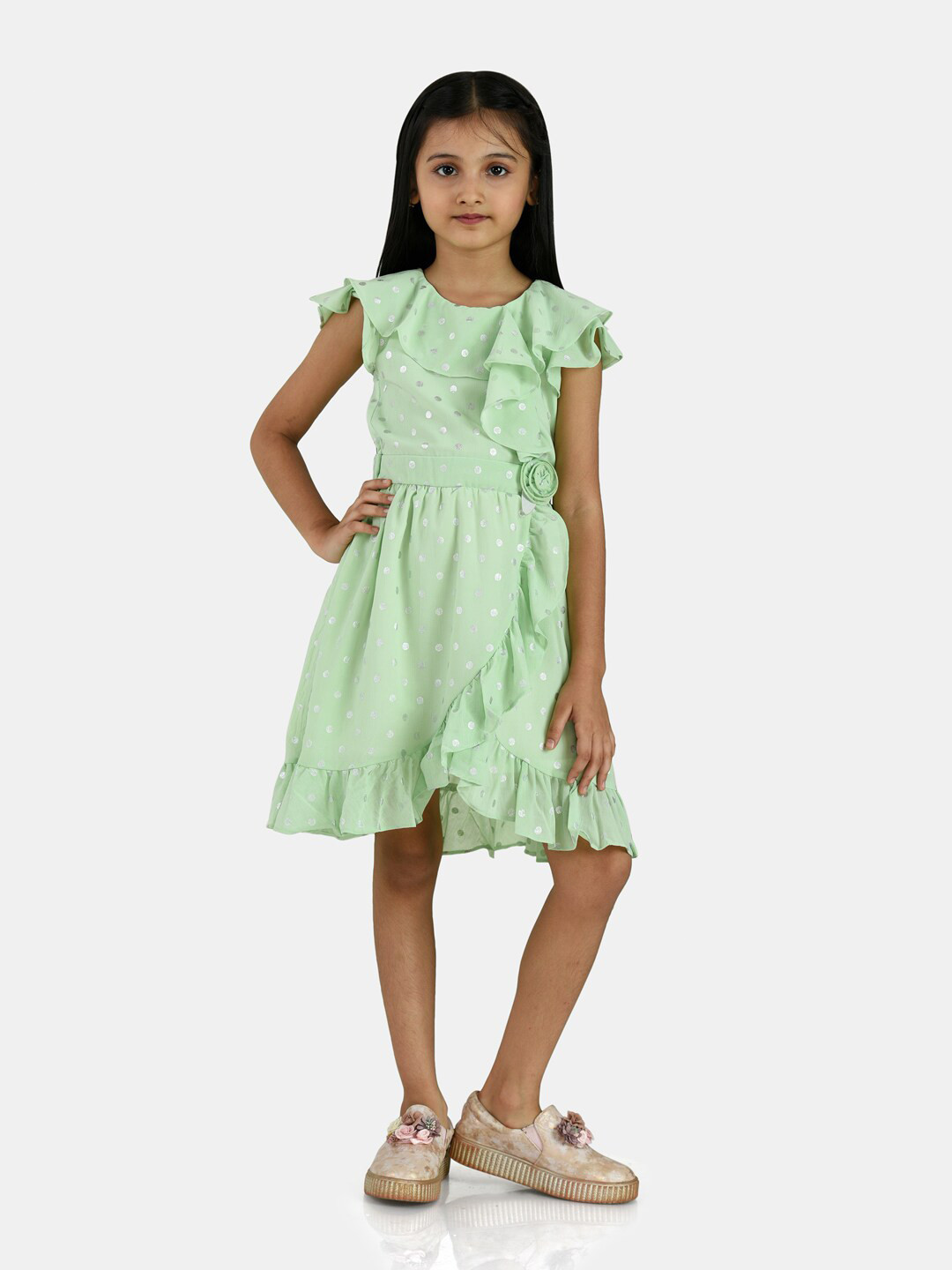 Peppermint Green & Silver-Toned Chiffon Dress
