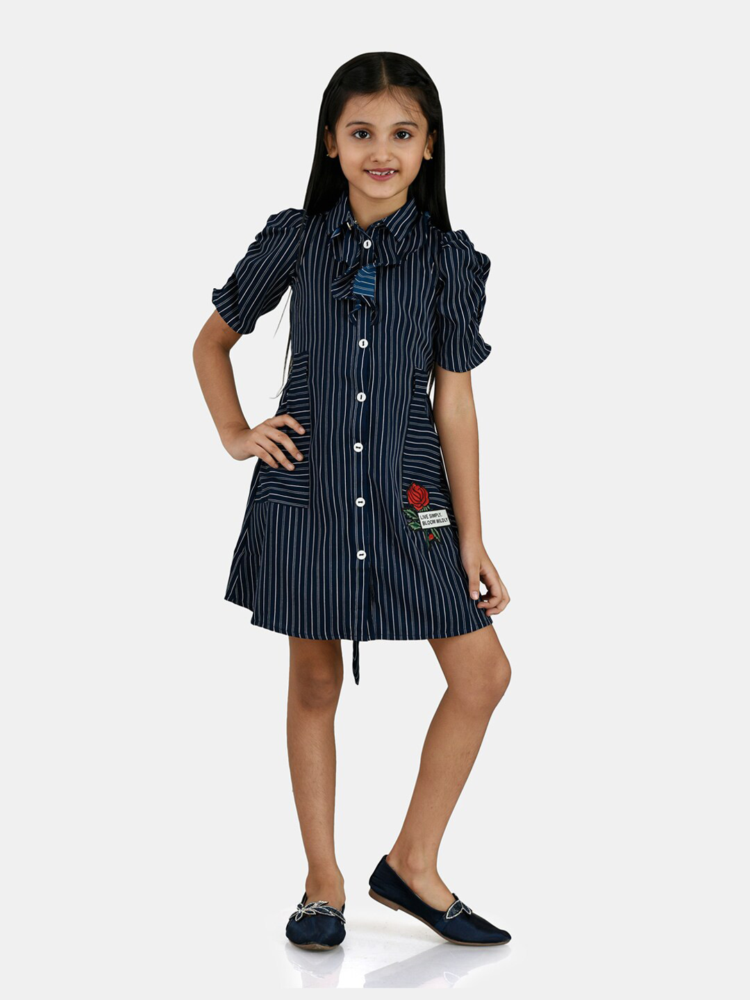 Peppermint Navy Blue & White Striped Applique Chiffon Shirt Dress