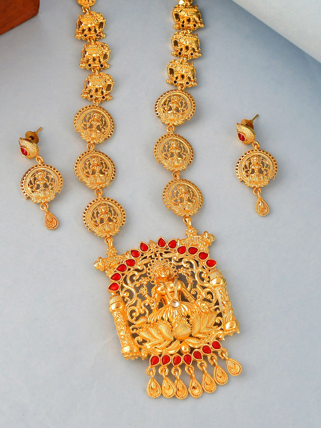 Silvermerc Designs Gold-Plated & Red Stone Studded Layered Jewellery set