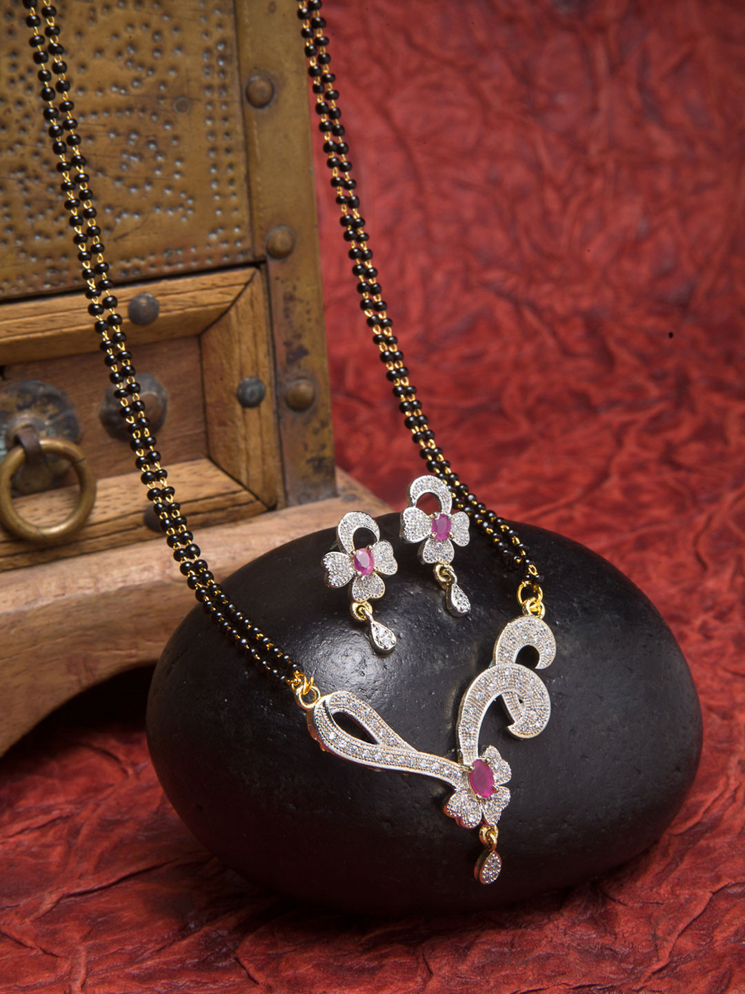 ZENEME Gold-Plated White & Red AD-Studded & Black Beaded Mangalsutra With Earrings