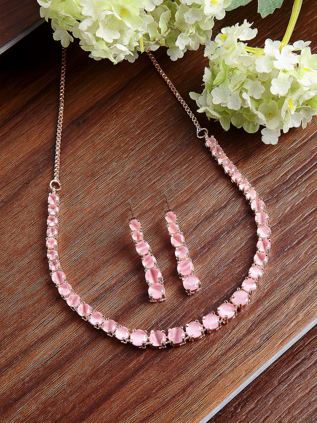 ZENEME Pink Rose Gold-Plated Pink American Diamond Studded Jewellery Set