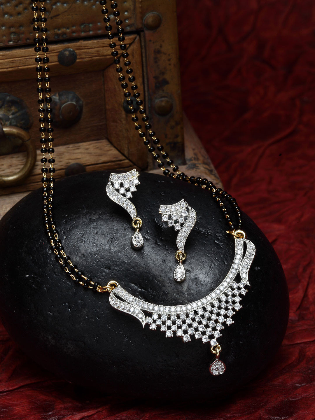 ZENEME Gold-Plated White & Black Stone-Studded & Beaded Designer Mangalsutra Set