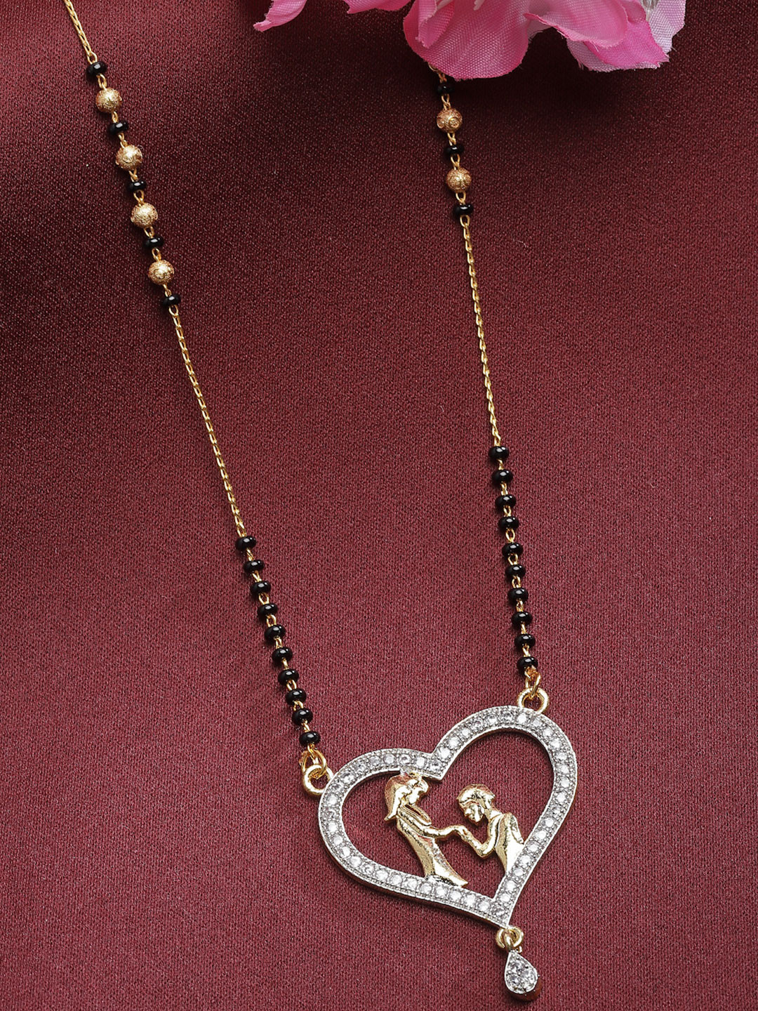 ZENEME White Gold-Plated Heart Shaped American Diamond Studded Beaded Mangalsutra