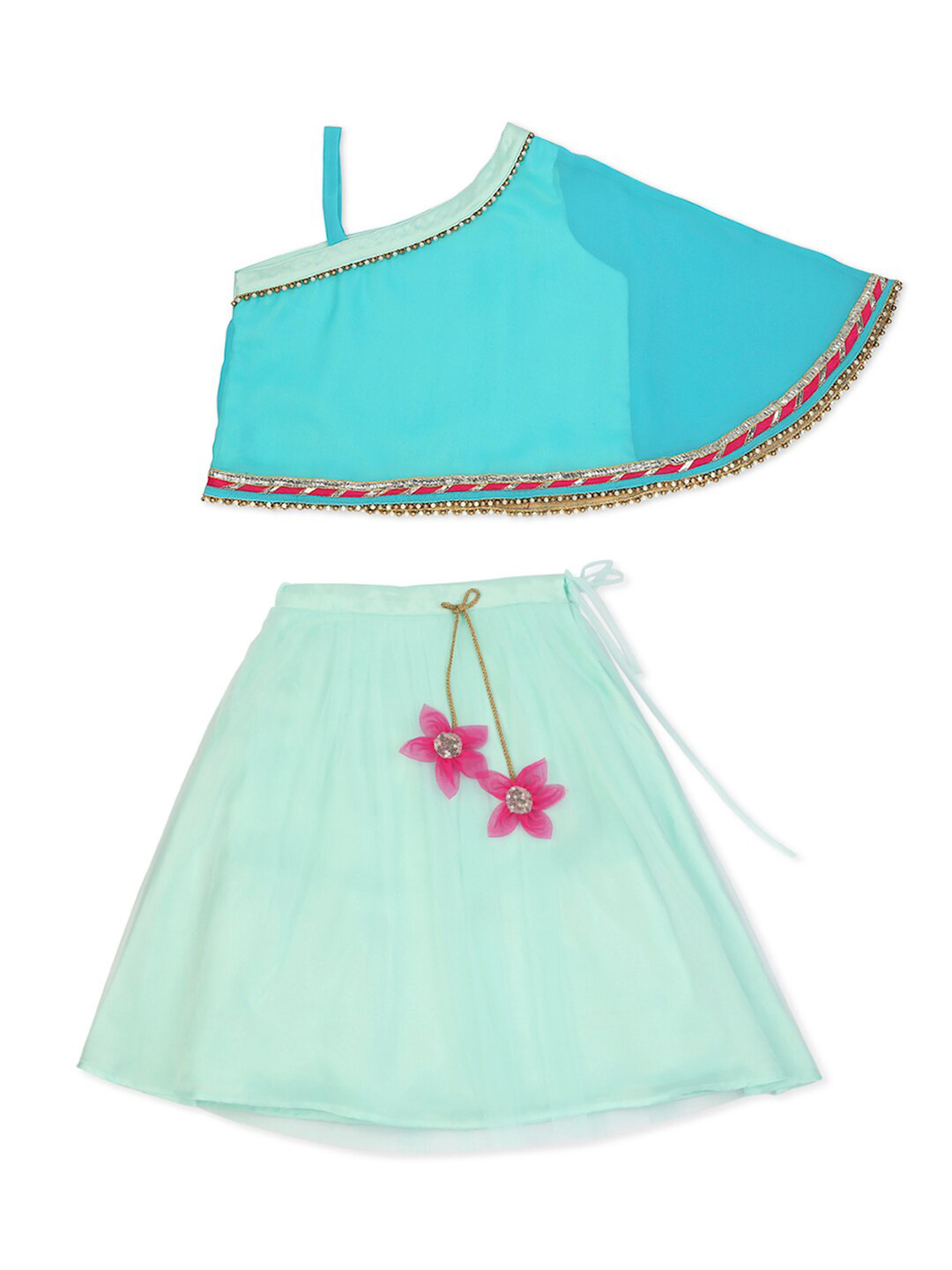 MANY FROCKS & Girls Blue & Pink Ready to Wear Lehenga