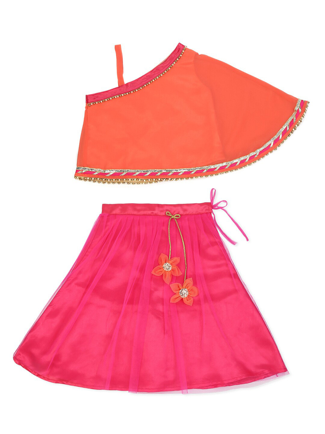MANY FROCKS & Girls Peach-Coloured & Fuchsia Sequinned Ready to Wear Lehenga Choli