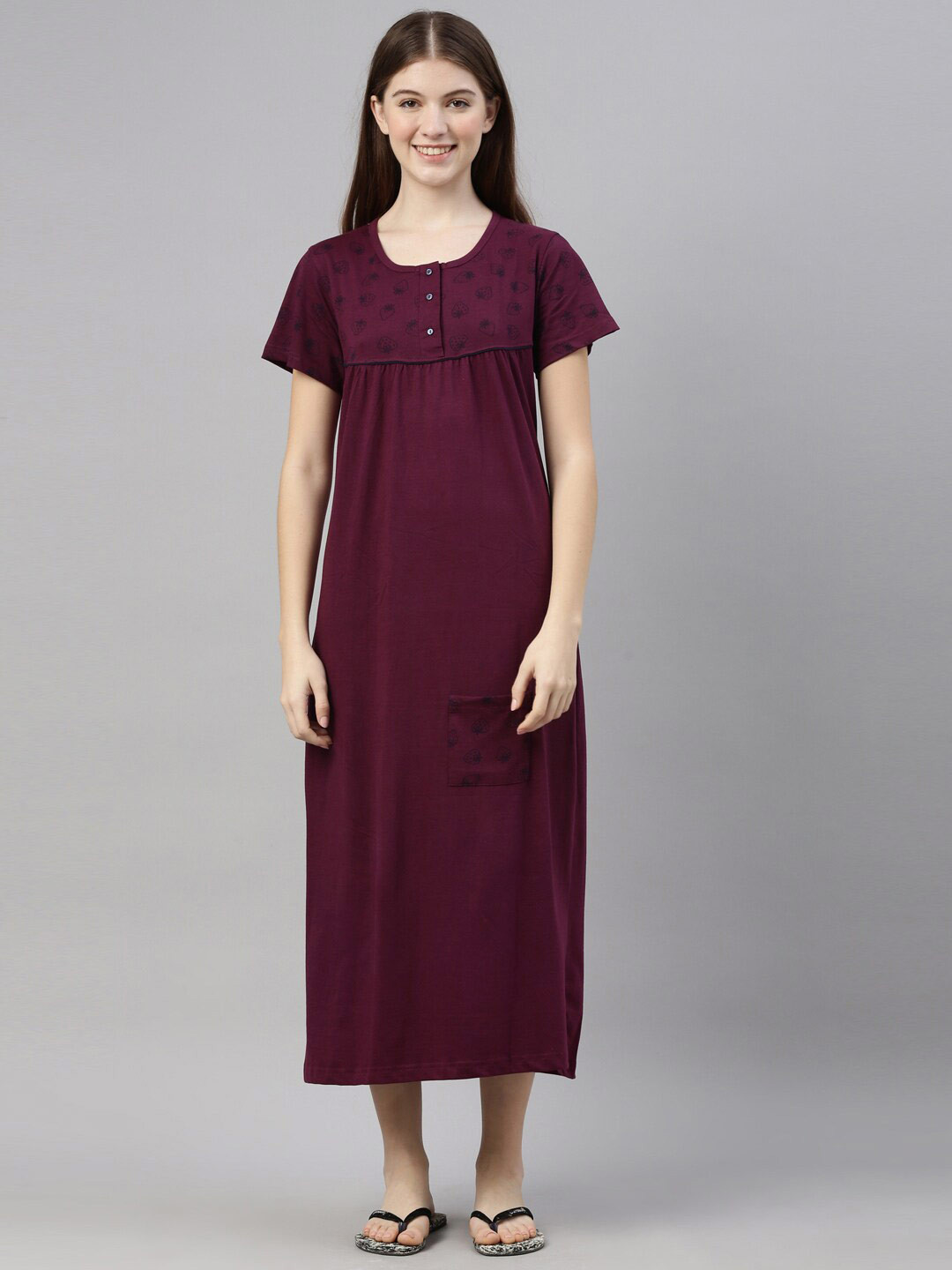 Kryptic Burgundy Printed Pure Cotton Maxi Nightdress