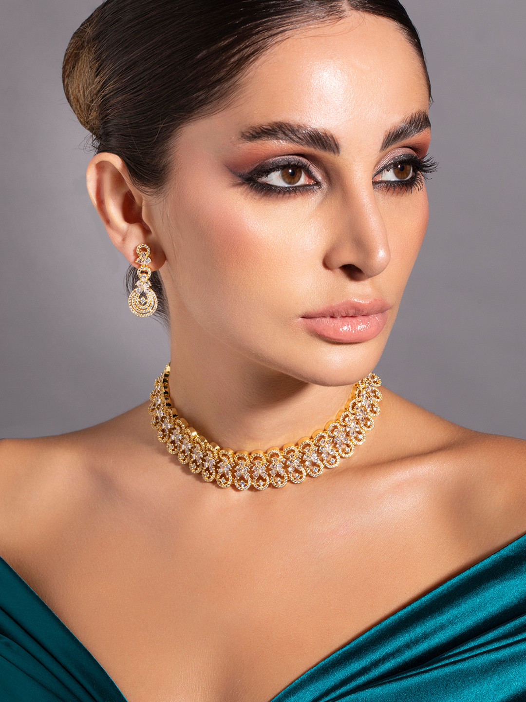 Rubans 22K Gold-Plated Cubic Zirconia Studded Floral Design Choker Necklace Set