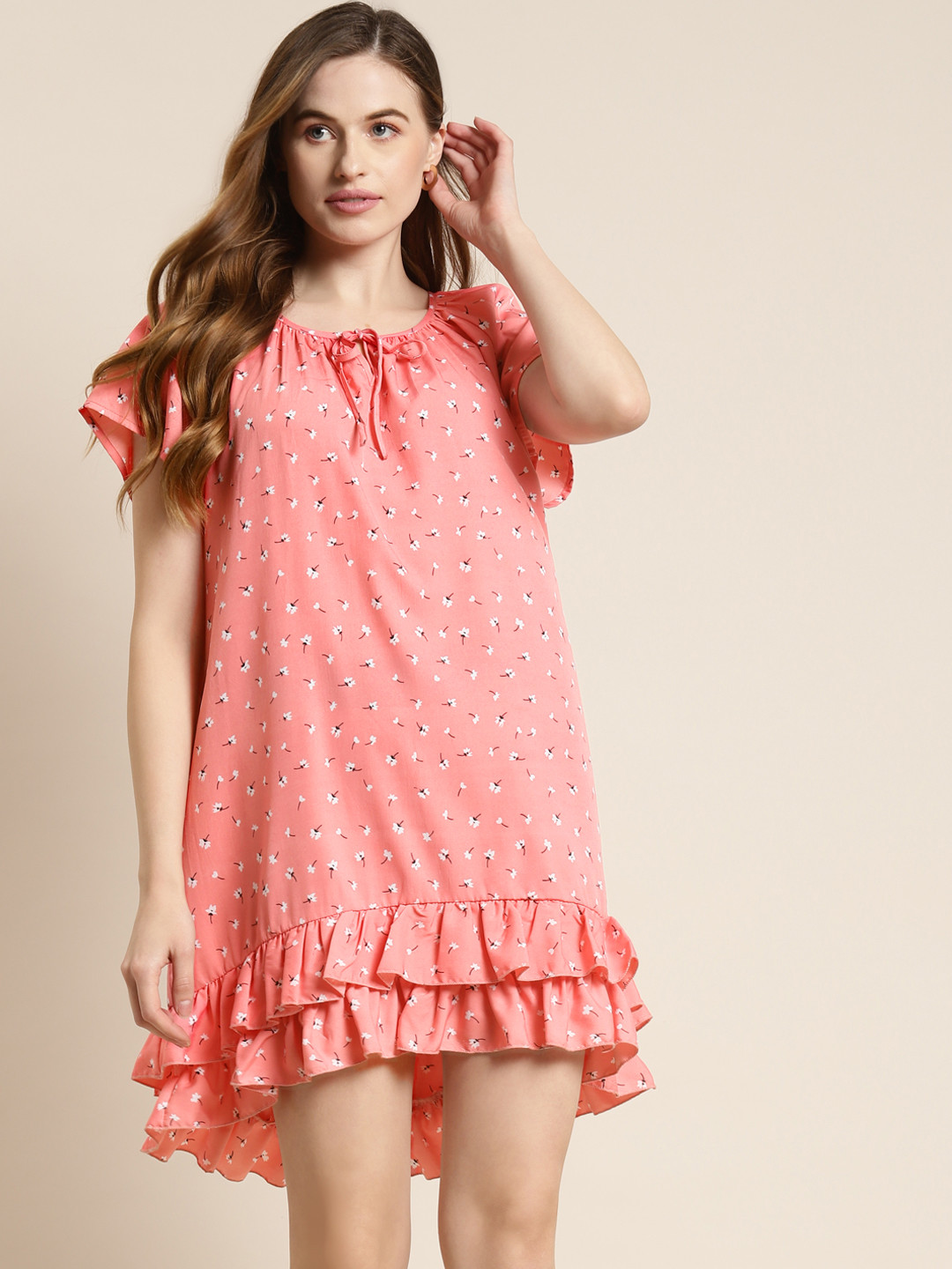 Qurvii Pink & White Floral Print Tie-Up Neck Shift Dress