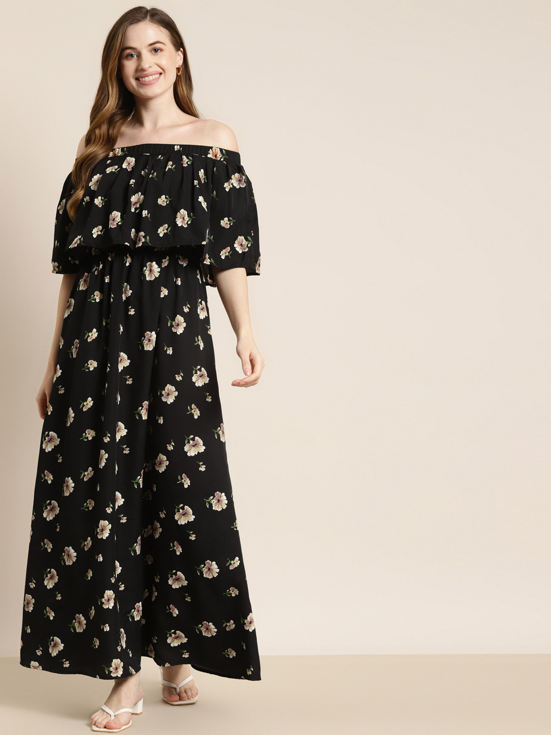 Qurvii Black & Beige Floral Print Off-Shoulder Maxi Dress