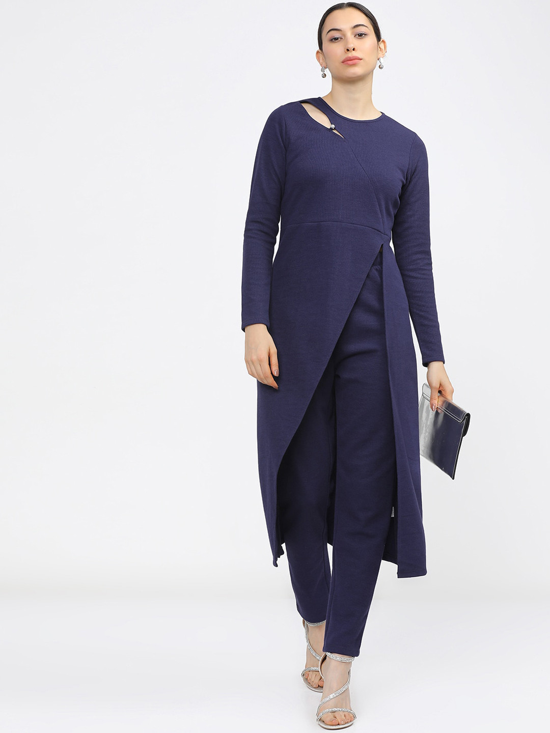 Vishudh Women Navy Blue Knitted Asymmetric Kurta with Trousers