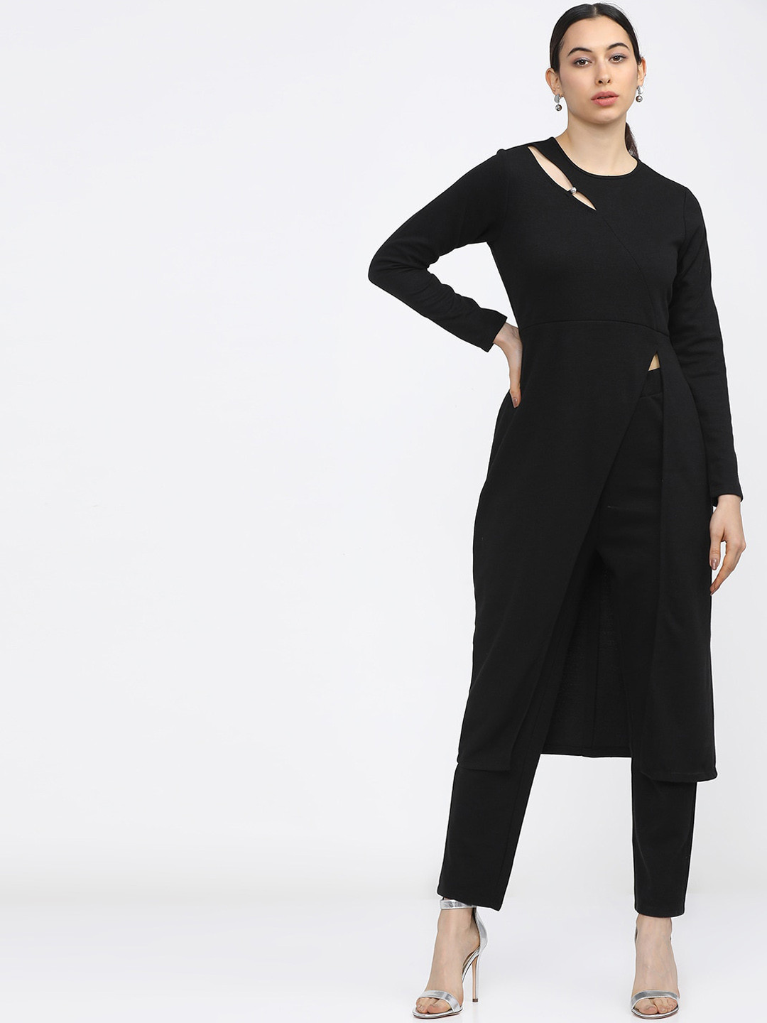 Vishudh Women Black High Slit Kurta with Trousers