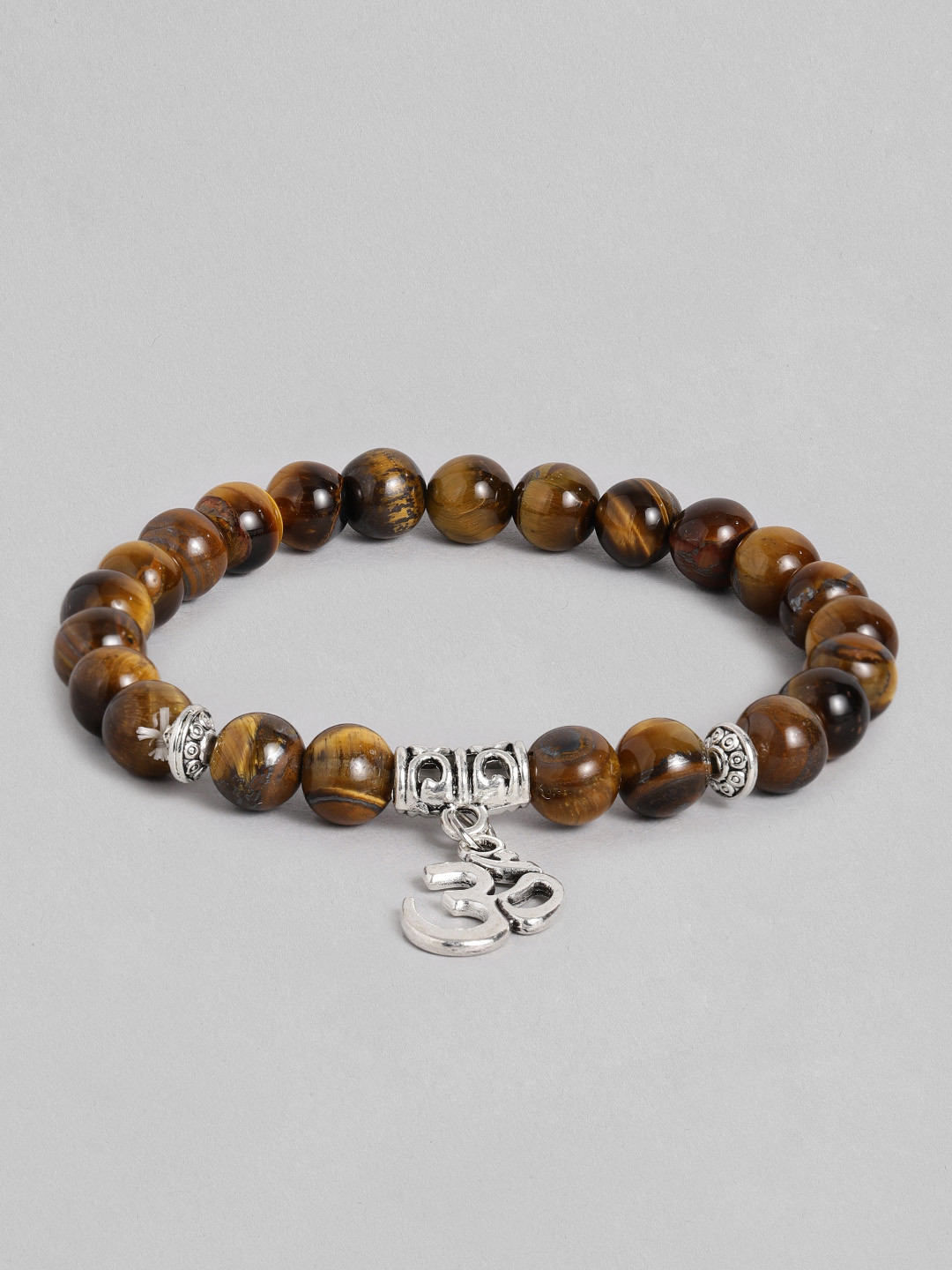 EL REGALO Men Brown & Silver-Toned Handcrafted Om Elasticated Charm Bracelet