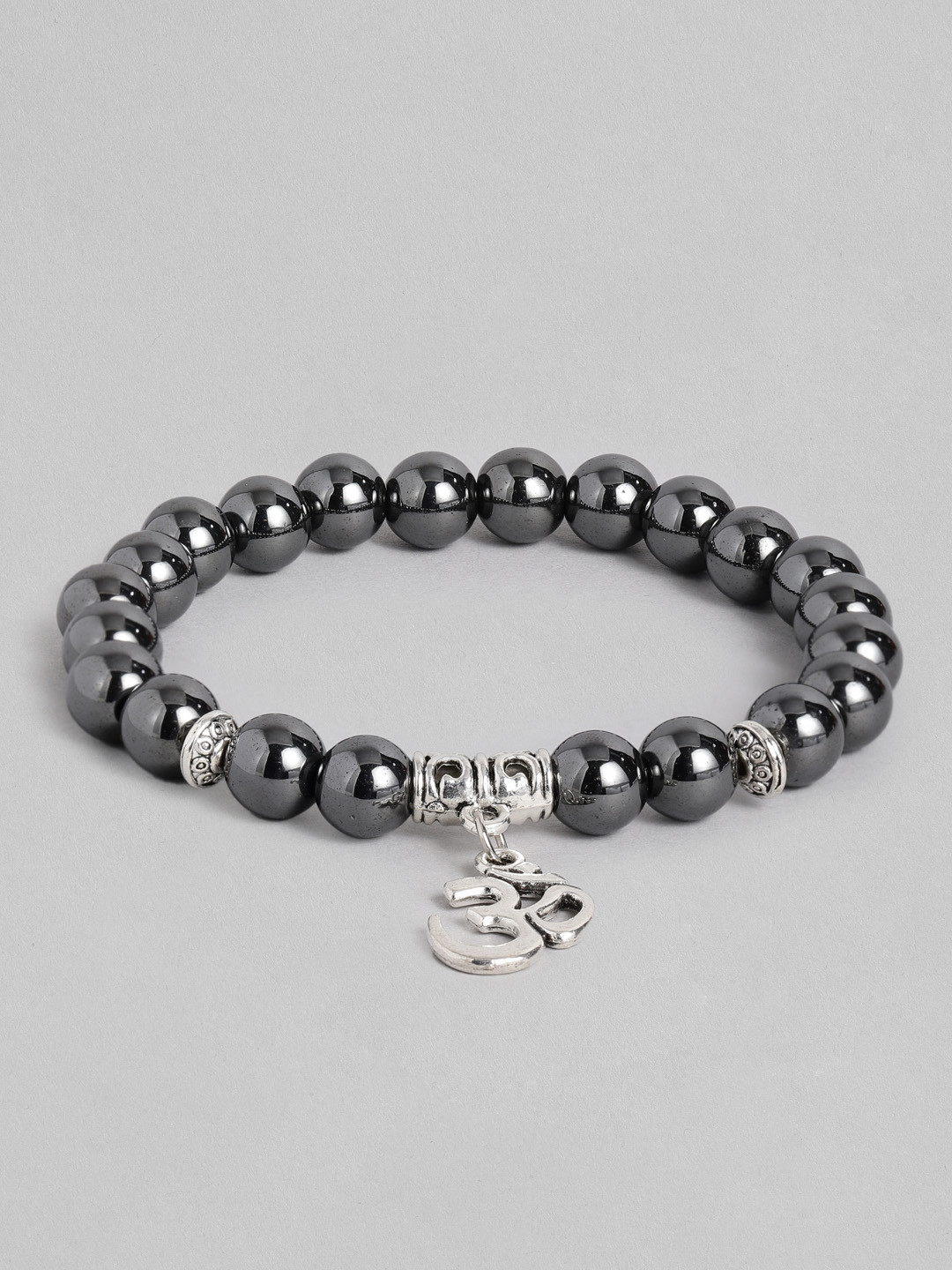EL REGALO Men Charcoal Grey & Silver-Toned Handcrafted Om Elasticated Charm Bracelet