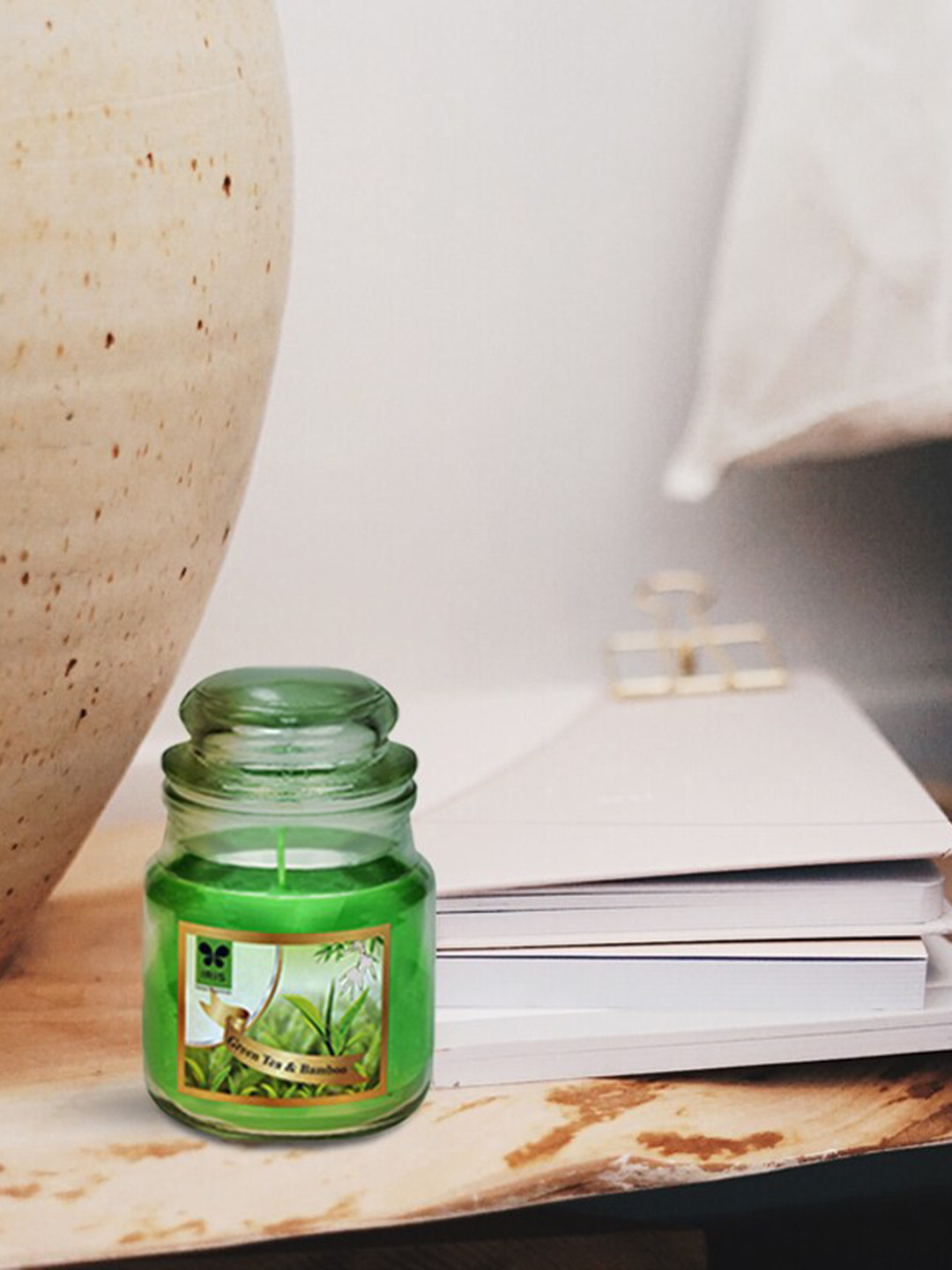 Iris Scented 1 Wick Green Tea & Bamboo Solid Geometric Regular Jar Candles