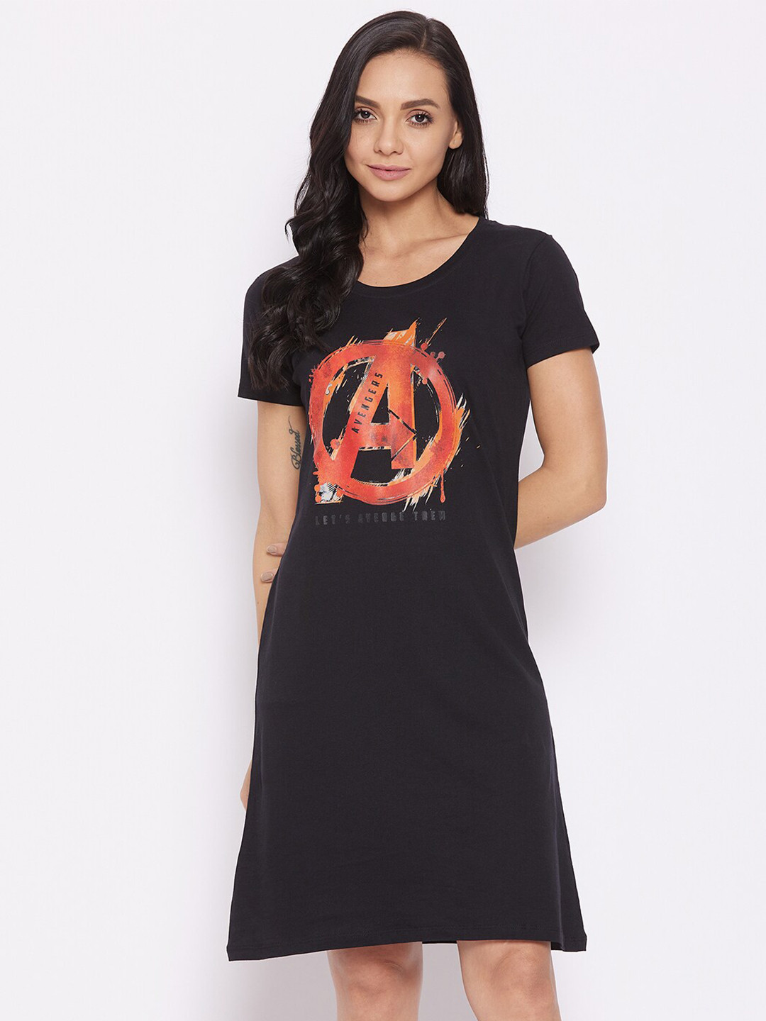 Marvel by Wear Your Mind Black Avengers Printed Printed Pure Cotton T Shirt Nightdress