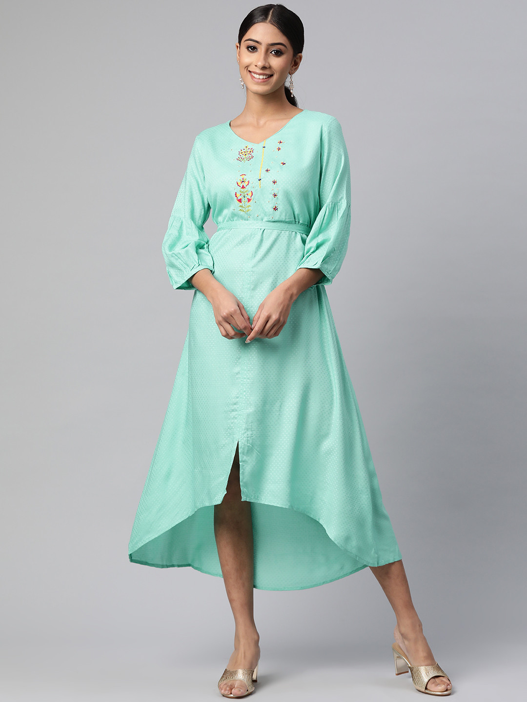 Rangriti Women Turquoise Blue & Yellow Embroidered A-Line Midi Dress with a Belt