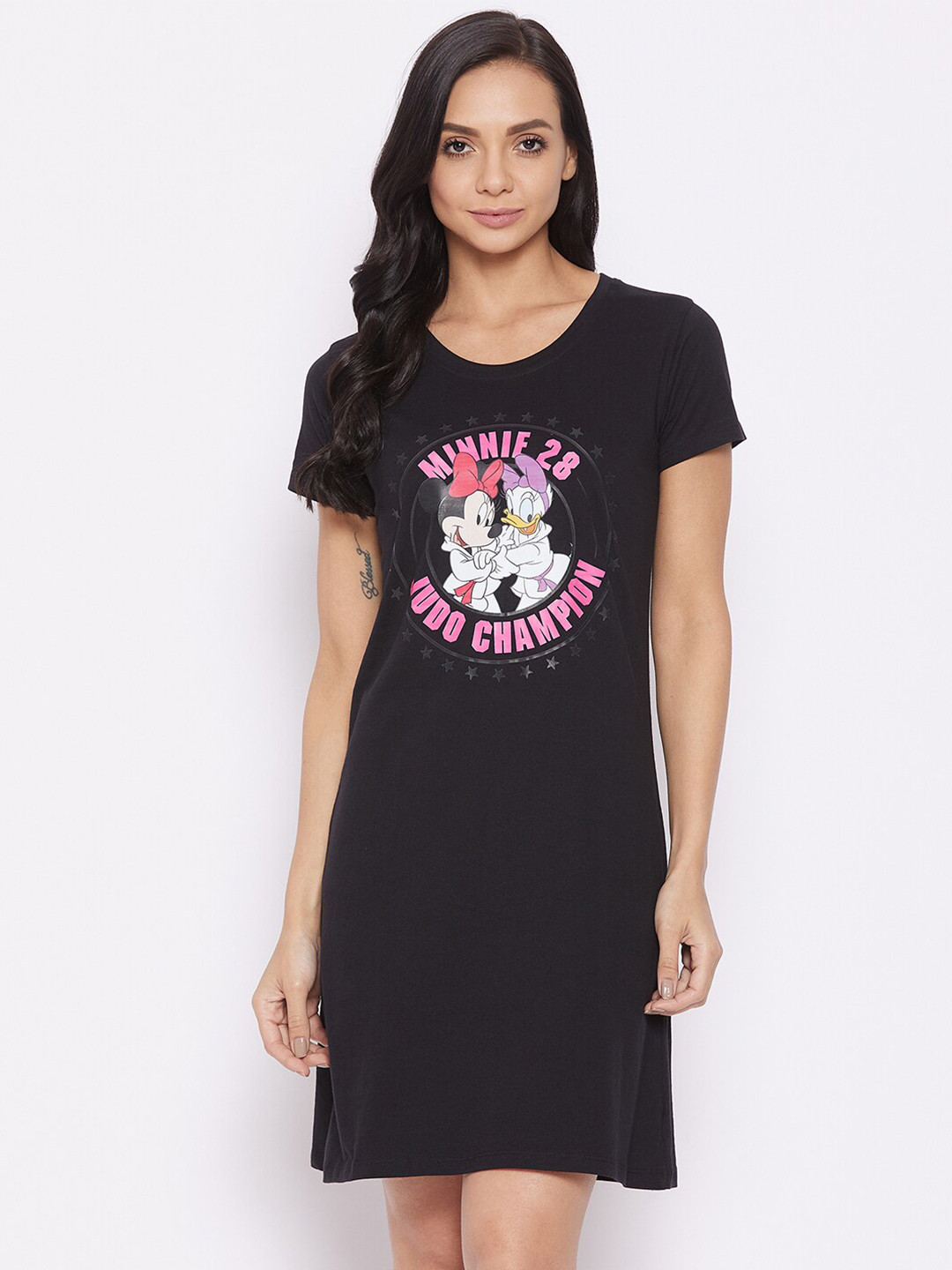 Disney by Wear Your Mind Black Minnie Printed Cotton Nightdress