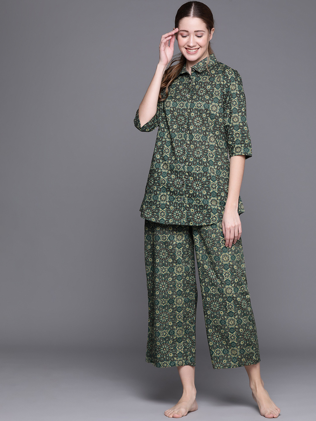 Libas Multi Cotton Printed Night Shirt And Multi Cotton Printed Pyjamas