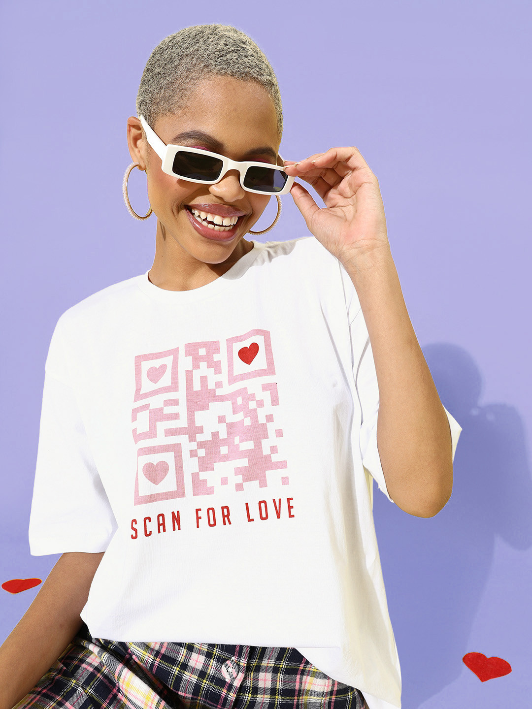 Kook N Keech Valentine White & Red Printed Extended Sleeves Oversized T-shirt