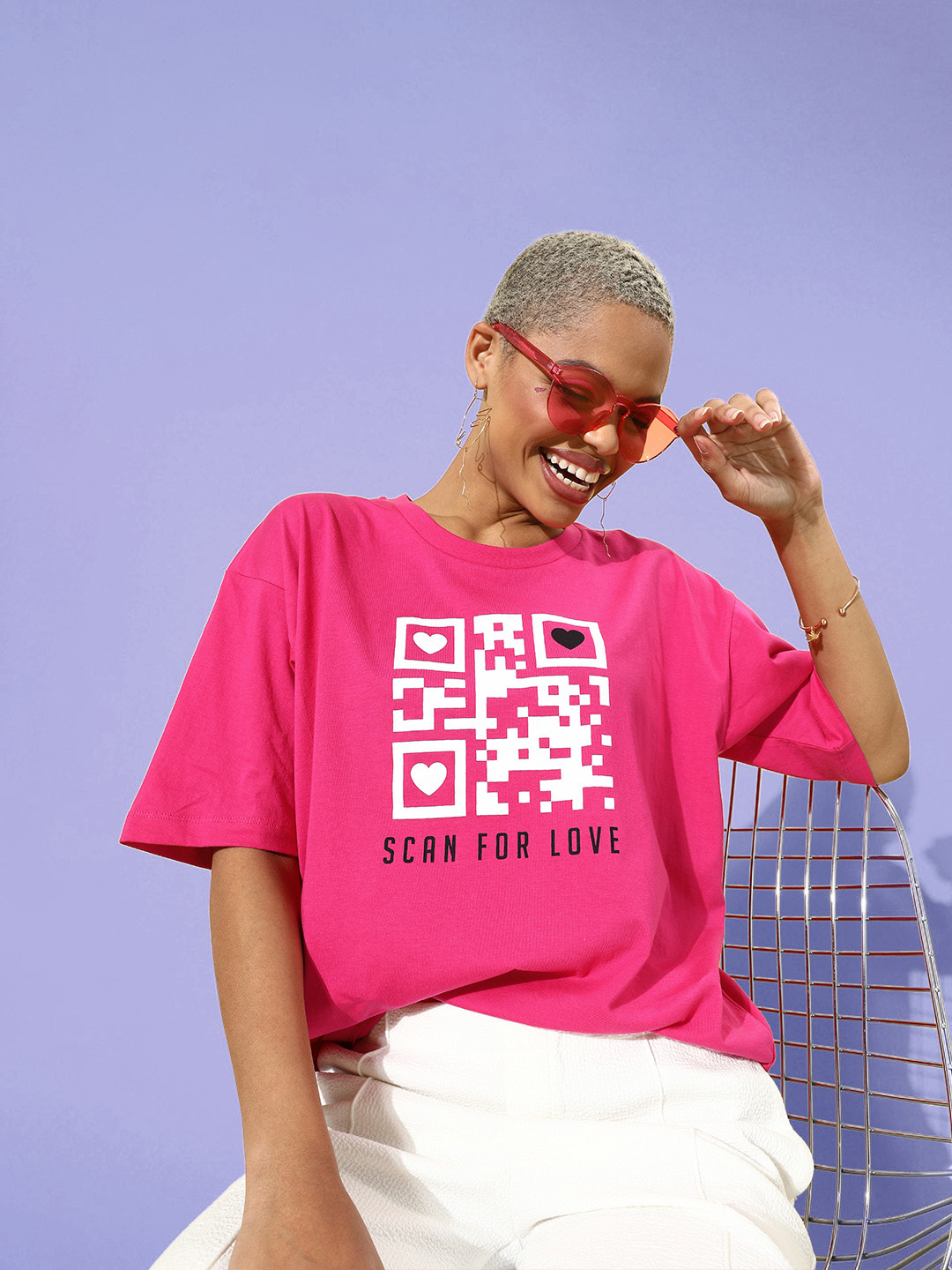 Kook N Keech Valentine Pink & White Printed Oversized Extended Sleeves T-shirt