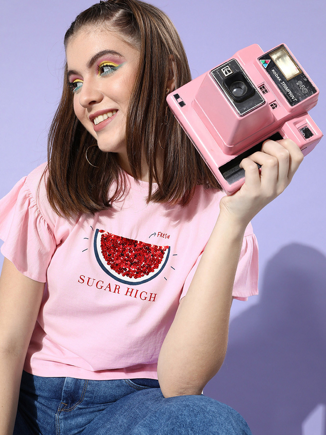 Kook N Keech Women Pretty Pink Conversational Ruffled Top