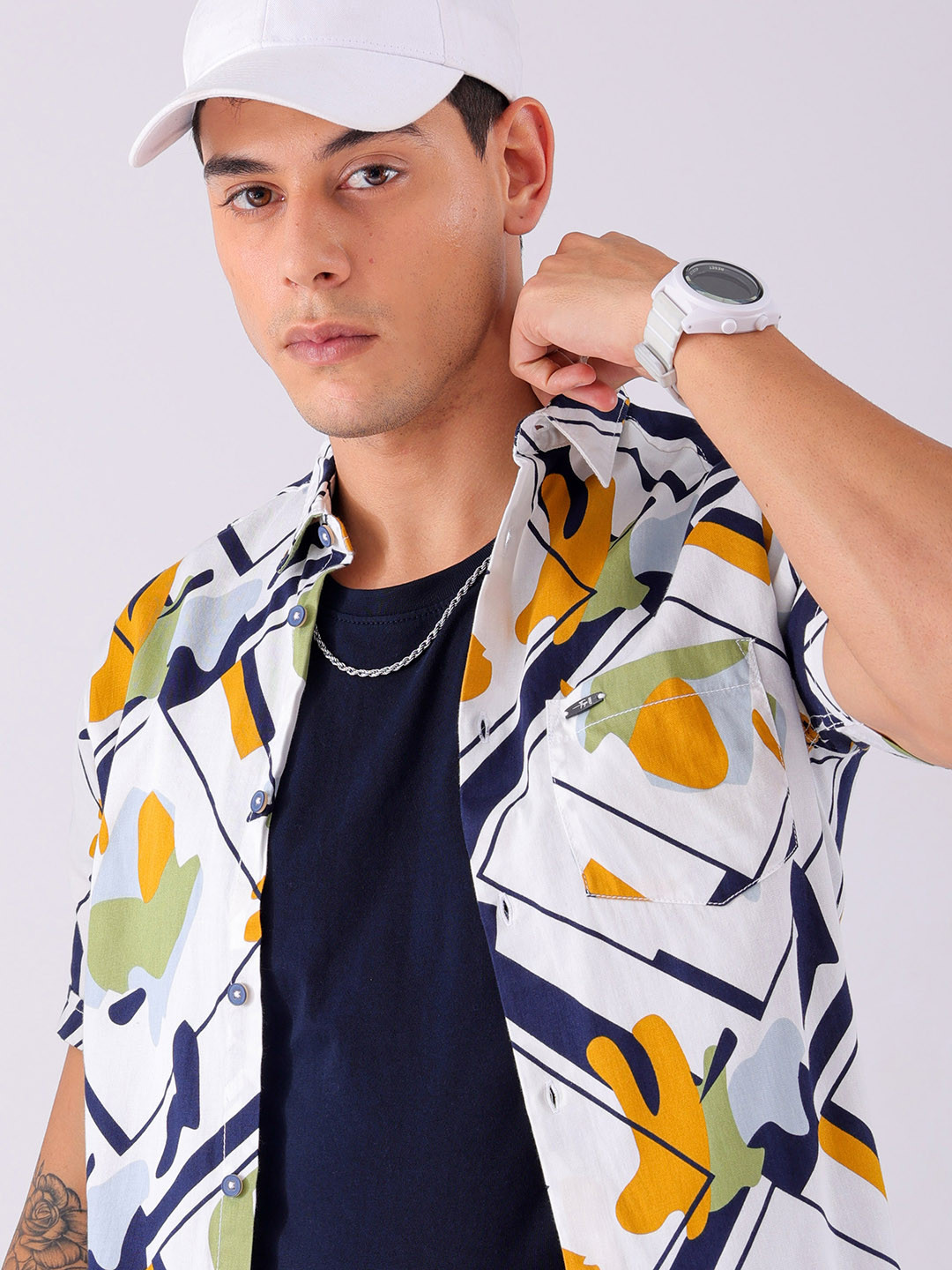 The Indian Garage Co Men Navy Blue Regular Fit Abstract Opaque Printed Casual Shirt