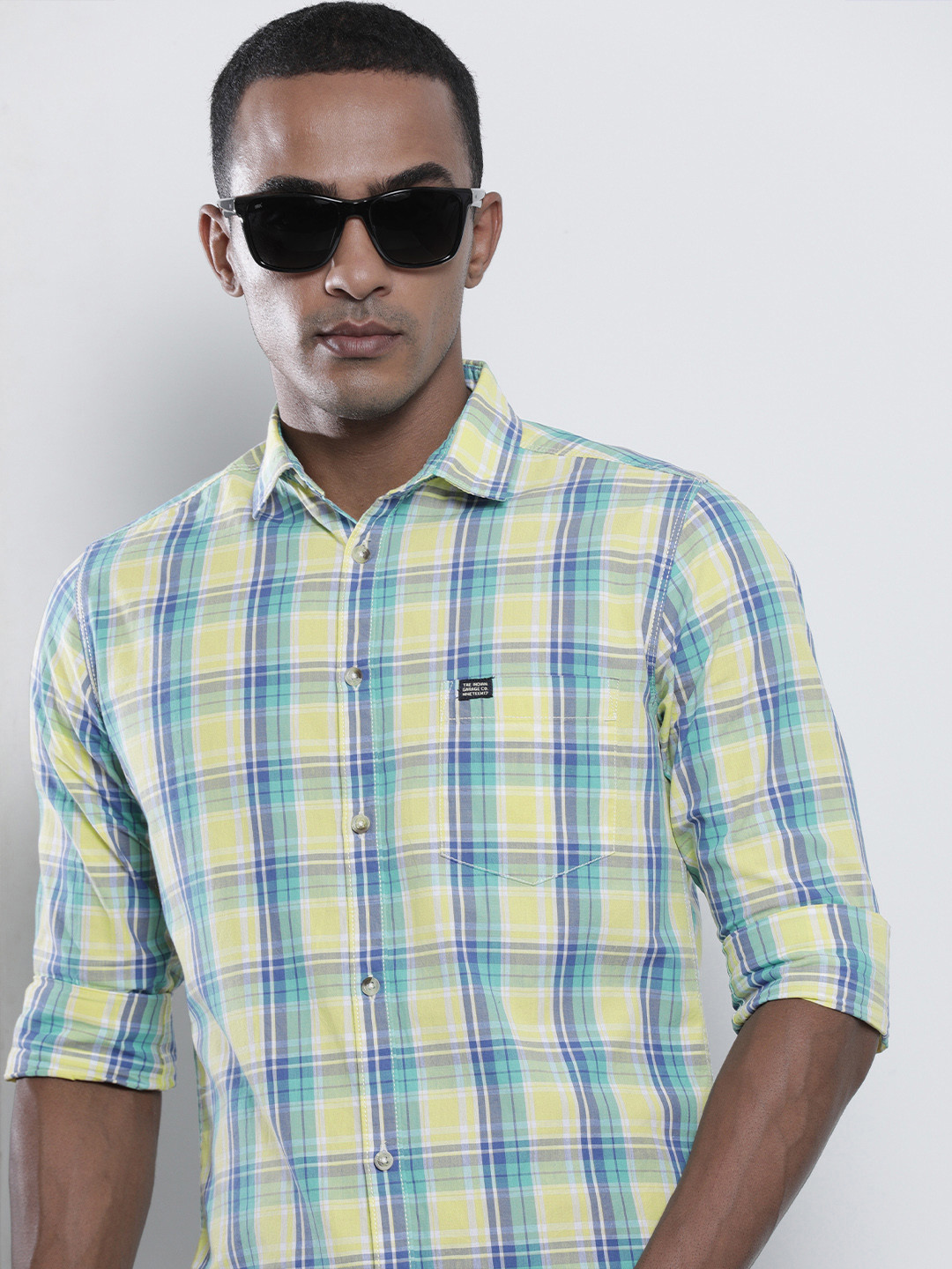 The Indian Garage Co Men Yellow & Green Checked Cotton Casual Shirt