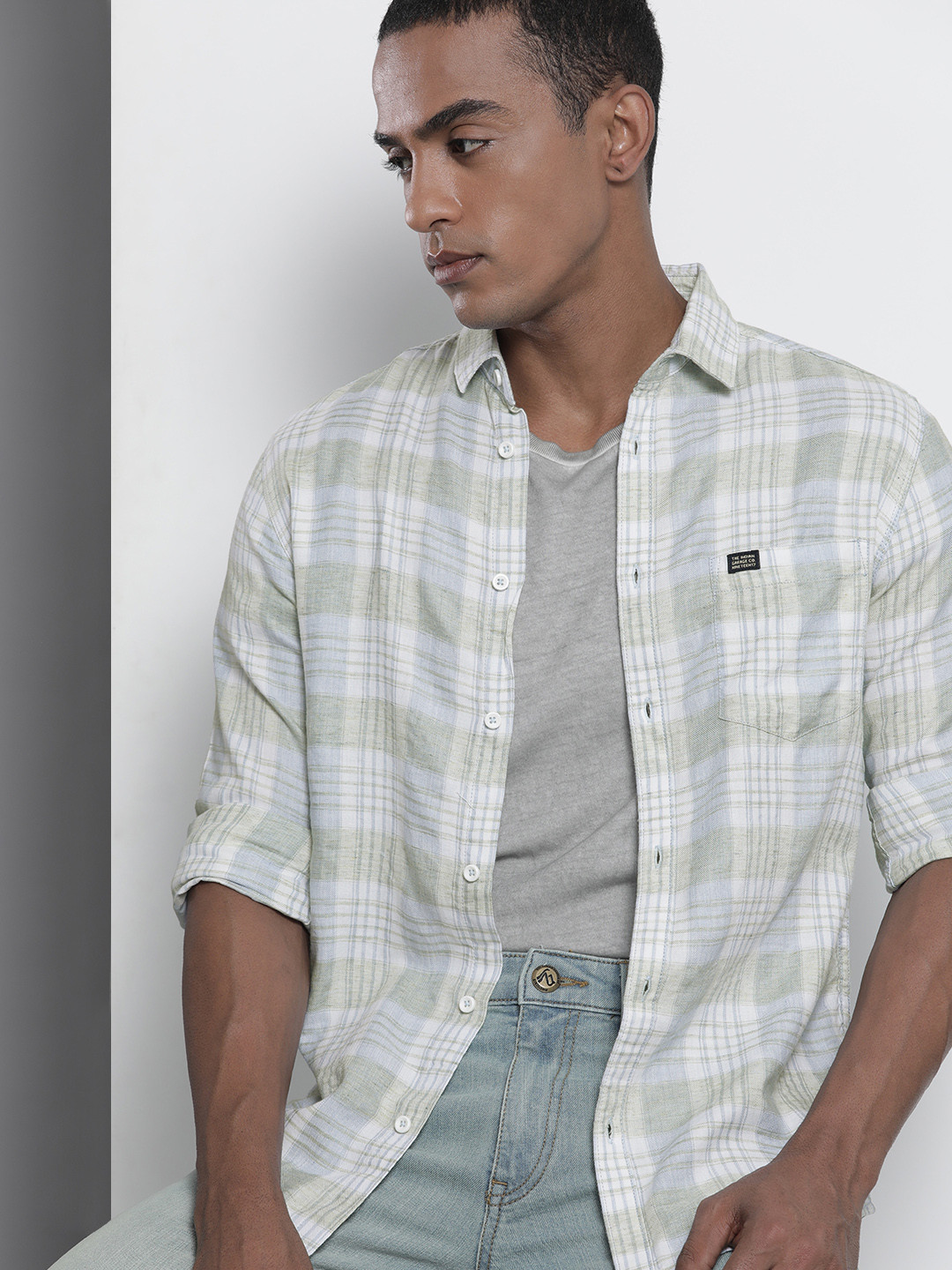 The Indian Garage Co Men Pista Green Regular Fit Opaque Checked Cotton Shirt with Pocket