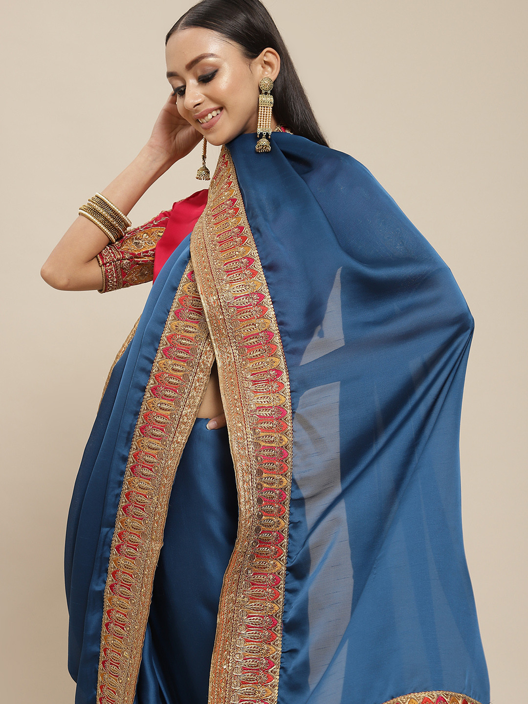 Mitera Navy Blue & Red Solid Gotta Patti Fusion Saree