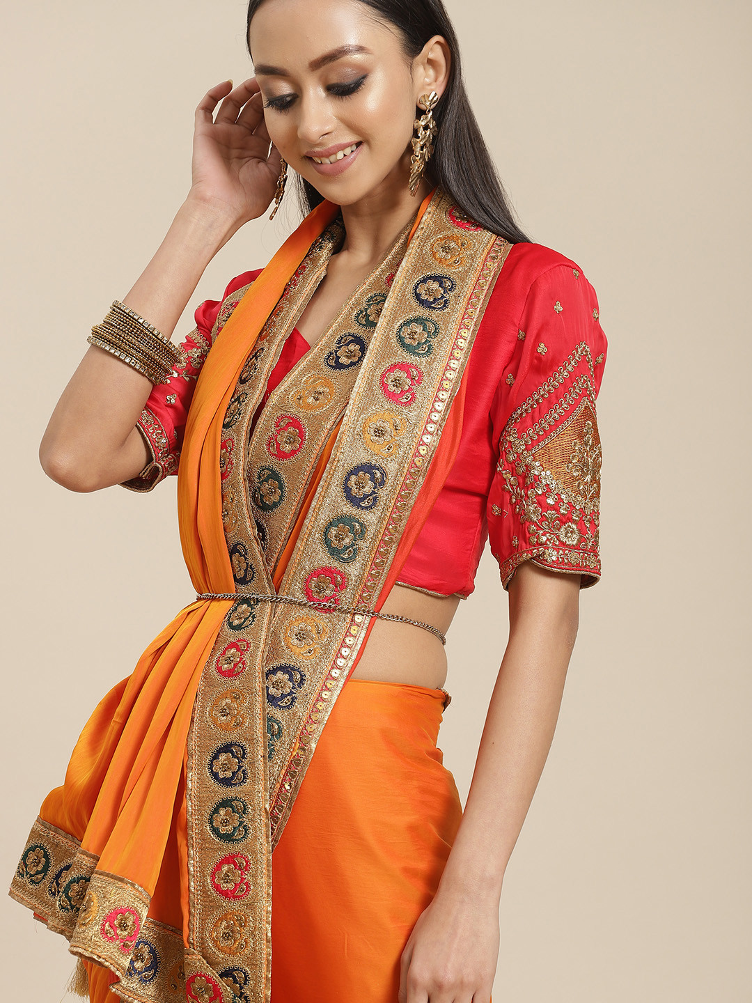 Mitera Orange & Red Solid Gotta Patti Fusion Saree