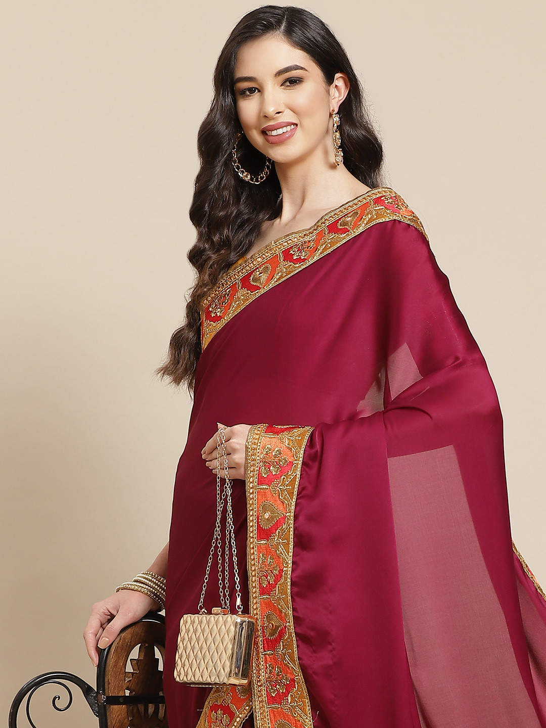 Mitera Maroon & Golden Gotta Patti Solid Saree