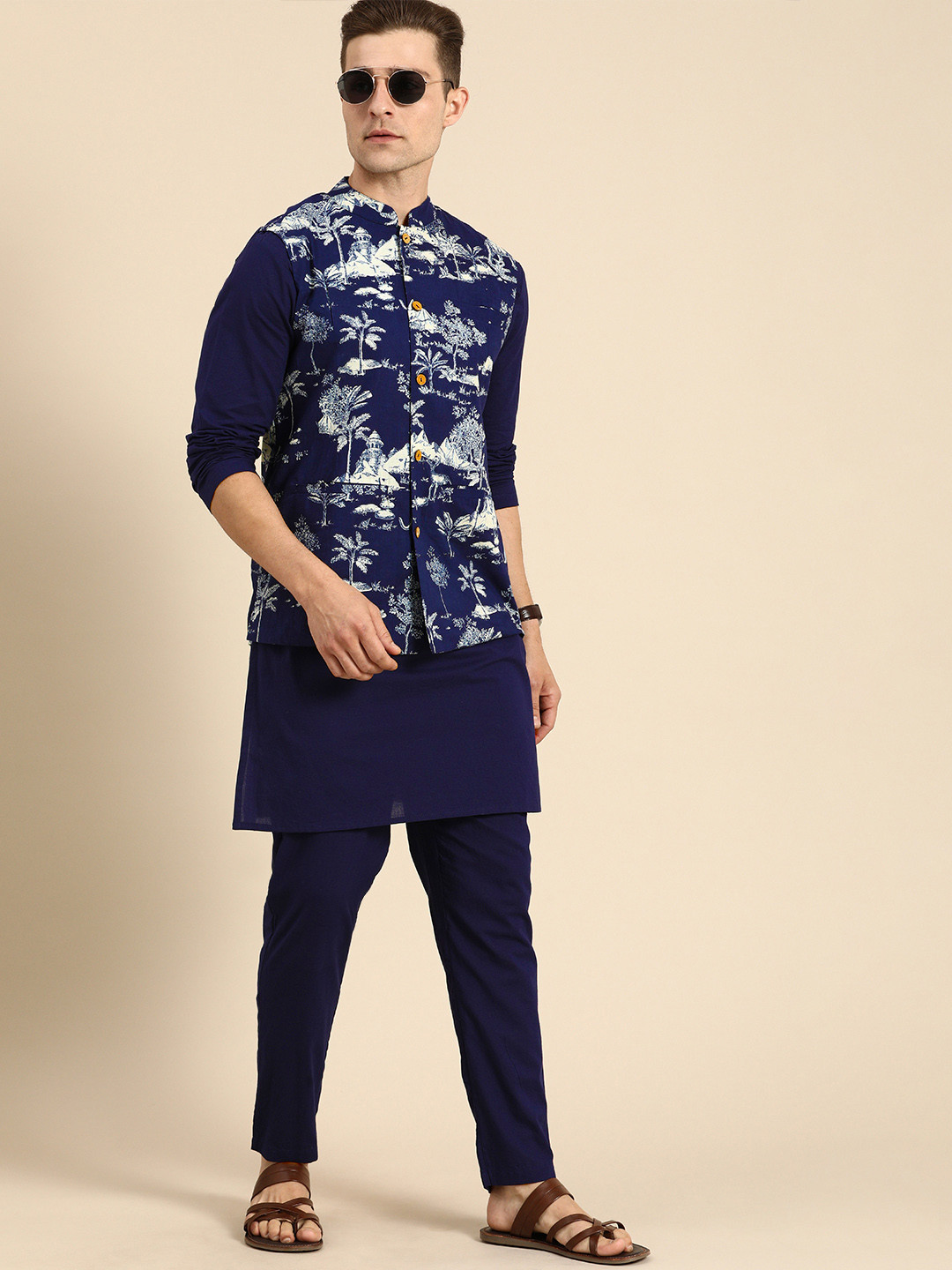 Anouk Men Navy Blue Floral Printed  Cotton Kurta Trousers With Nehru Jacket