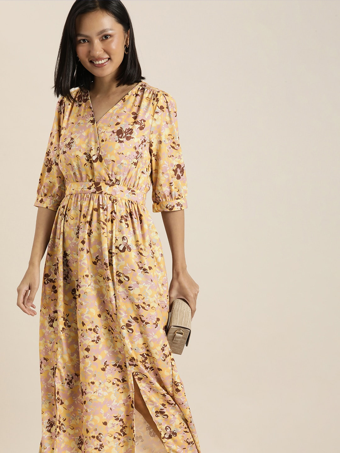 her by invictus Yellow & Purple Floral Print V- Neck Midi Dress