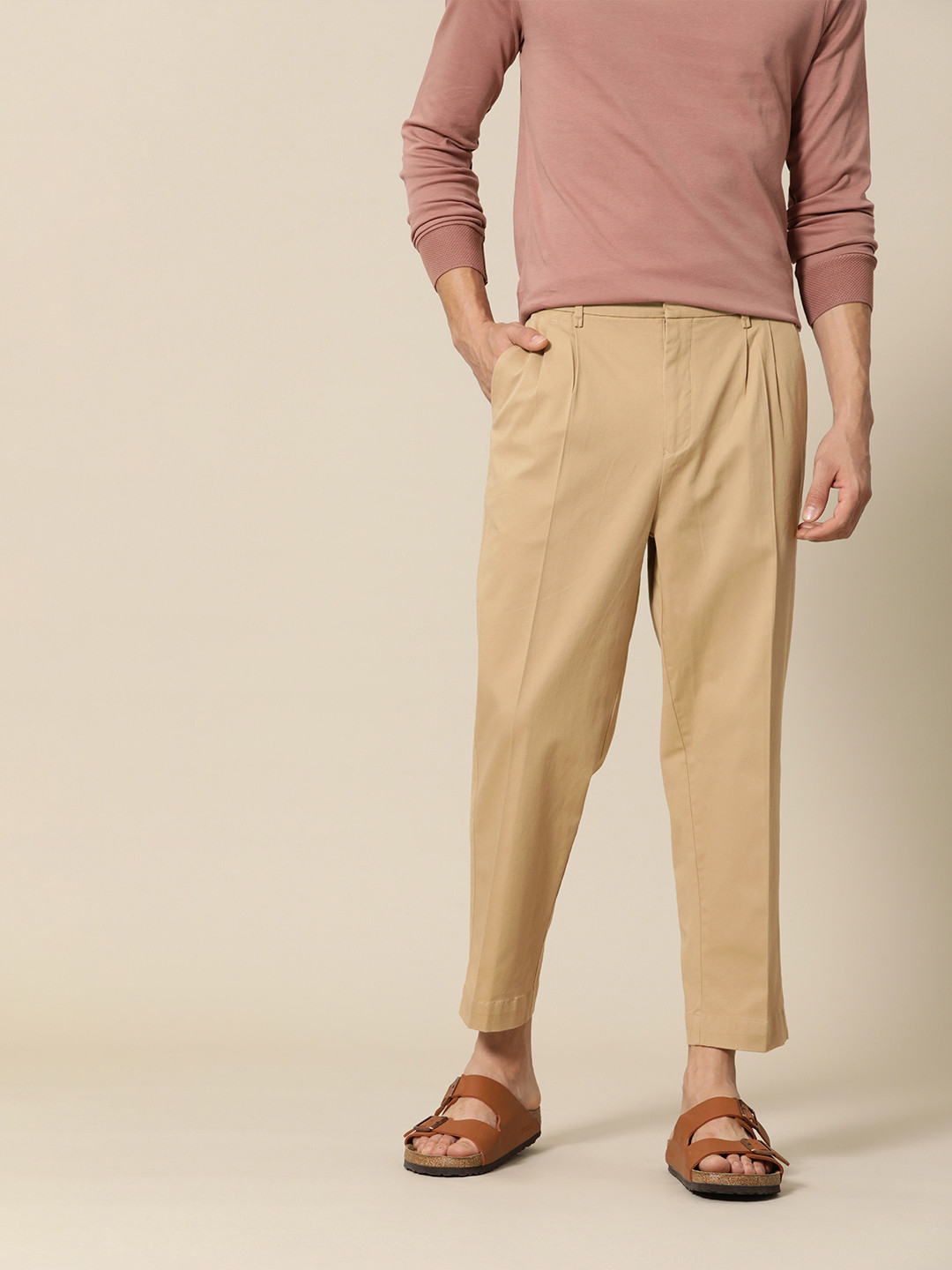 Mr Bowerbird Men Dark Beige Oversized Fit Mid-Rise Elephant Ankle Woven Pleated Trousers